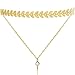 Layered Gold Metal Choker Necklace with Tassel Pendant Lariat Withe Gols Women Choker Necklace Golden Long Chain Double Choker Necklace for Women Girls