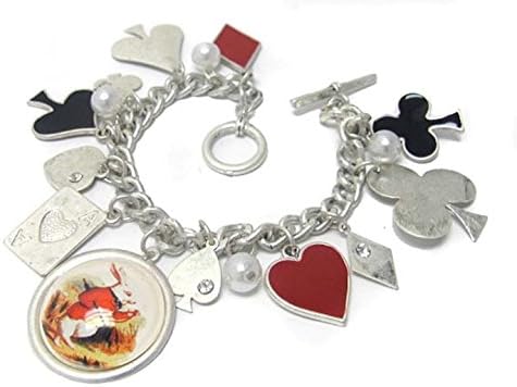 Alice In Wonderland Charm Bracelet C23 Playing Card Crystal Red Black Silver Tone