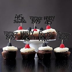 Gyufise 30 Pack Black Glitter 45th Birthday Cupcake