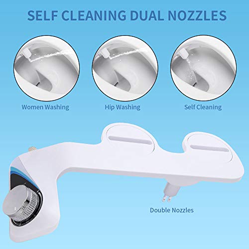 Aisoso Bidet Toilet Attachment with Self Cleaning Dual Nozzles and Explosion Proof Tube, Non Electric Fresh Water Spray Adjustable Pressure, Solid Brass T-Adaptor for Easy Installation