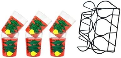 A Krazy Mug Nimbu Mirchi Theme Hand Painted Traditional Tapri Tea Glasses with Iron Container Stand Holder (Set of 6, 90ml)