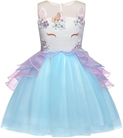 Rizoo Little Girls Unicorn Summer Sleeveless Long Dresses with Floral Appliques Birthday Evening Tutu Dress