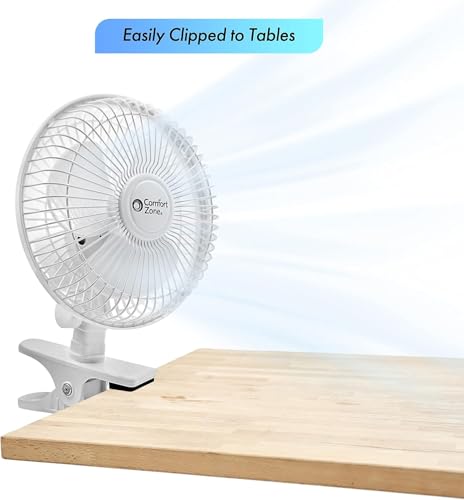 Comfort Zone Portable Clip on Stroller Fan, 6 inch with Fully Adjustable Tilt, Quiet 2 Speed Bedside Fan, Mini Desk Fan, Table Fan, Easily Clip on to Desk, Stroller or Bedroom Nightstand, Black