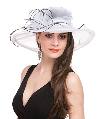 Saferin Women's Wide Brim Solid Organza Church Kentucky Dress Derby Hat White with Black Line