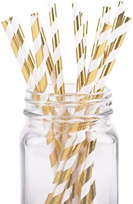 MY PAPER Striped Paper Straws Black Rose Gold Yellow Orange Pink Party Straws 7.75 Inch Lollipop Sticks 100 COUNTS (Foil Gold)