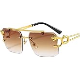 Luxury Unisex Rimless Square Trendy Retro 80's 70's 90's Hip Hop Brown Gradient Tint Lens Gold Frame Sun Glasses Frameless Rectangle UV 400 Protection Summer Shades Sunglasses For Men And Women