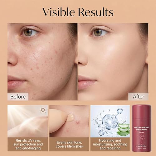 Color Changing Foundation Korean for Women, Skin Tone Adapting Liquid Foundation for All Skin Types, Self Adjusting Natural Finish, Blurs Imperfe