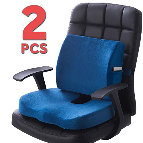 Qutool Lower Back Support Orthopedic Memory Foam Seat Cushion and Lumbar Support Back Pillow for Tailbone Coccyx Sciatica Pain Relief Office Chair and Car Seat Cushion with Adjustable Strap (Blue)