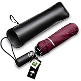 Bodyguard Windproof Travel Umbrella, 10 Ribs Folding Umbrella with Teflon Coating, Auto Open and Close Compact Umbrella with Gift Leather Case