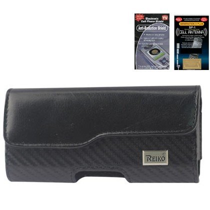 Samsung Galaxy S4/ I V/ S 4 Carbon Fiber Horizontal Leather Case with Magnetic closure with belt clip and belt loops (Plus Size will Fit w/ a Slim Single Cover or Skin on) + Cell Phone Antenna Booster and Anti Radiation Shield