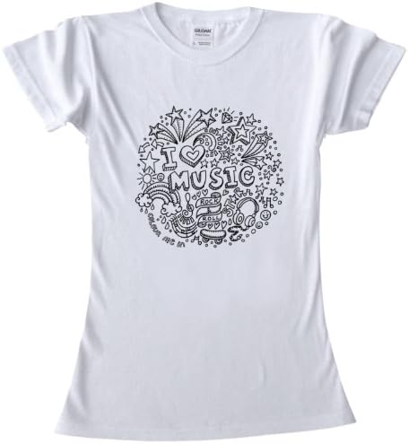T-Shirts For Kids To Colour In. Printed Outline-Kids/Teen I Love Music Design, Size: Skinny Fit Women's 10-12 - Fabric pens sold separately