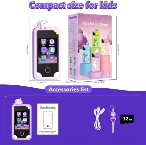 Kids Smart Phone Toys with Case, Dual Camera Travel Toys Educational Games, 2.8" Touchscreen 16 Learning Games Music Player, 32G TF Card, Gifts for 3-7 Year Old Girls Boys (Purple)