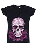 Shop4Ever® Skull Pink Roses Women V-Neck Day of Dead Shirts #16394 SLIM FIT
