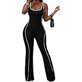 Unybwonn Women Workout Jumpsuit Bodycon Backless Sleeveless Yoga One Piece Romper Butt Lift Gym Flare Leg Jumpsuits with Bra