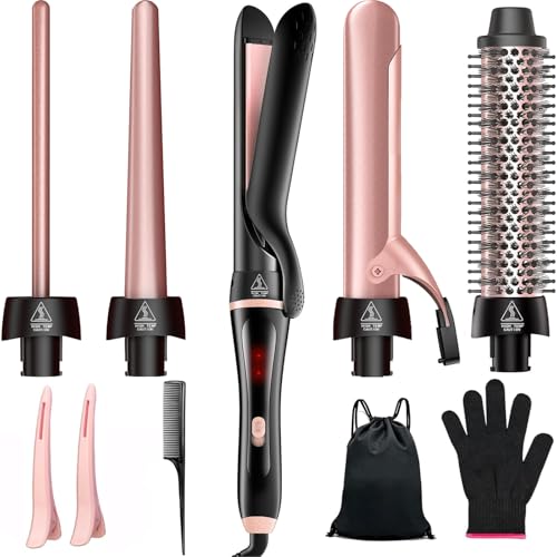 5 in 1 Curling Iron with Thermal Brush and Interchangeable Ceramic Barrels (0.35"-1.25") Set of Curling Iron with Plate, Instant Heating Dual Voltage Gifts for Women