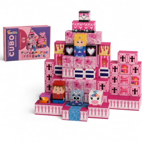 Blocos de Construção Magnéticos Castelos e Princesas, 80 Peças, Fansikids, Mini Cubos Educativos Empilháveis, Brinquedo Criativo para Crianças 3+ Anos, Kit Montagem com Ímãs