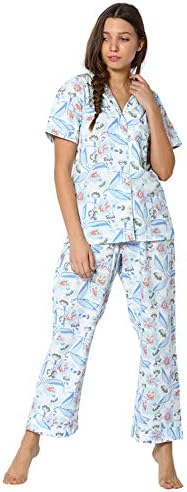 Huggs Luxury 100% Cotton 2pc Full Length Pyjama Set for Women Super Soft Cotton Pyjamas for Women Printed Cool Cotton Sleepwear Set Comfortable Fit Pyjamas Loungewear Notch Collar Pyjama (S- XXL)