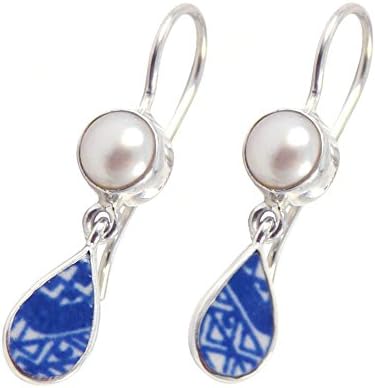 Vintage Blue China and Freshwater-Cultured Pearl Sterling Silver Dangle Earrings