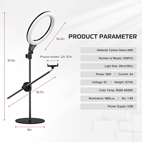 [Upgraded Base] Ring Light Desk with Horizontal Boom Arm, 10" Ring Light with Phone Tripod Stand, 3500k-6500K Dimmable, Ring Light with Phone Holder for Video Recording, Live Stream, Portrait, Makeup