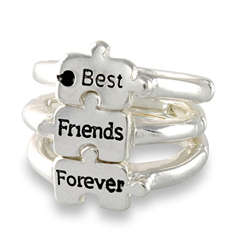 3 Best Friends Forever Puzzle Piece Silver Tone Friendship Stretch Ring