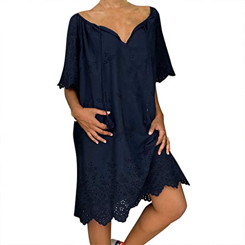 Witspace Women's Ladies Loose Solid Half Sleeve Lace V-Neck Knee Length Dress