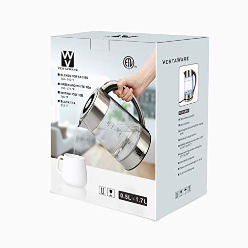 Vestaware Glass Electric Kettle,1.7L Electric Kettle-LED Display/Digital Variable Temperature Control/Keep-Warm Function, Hot Water Kettle with Auto Shut-Off and Boil-Dry Protection