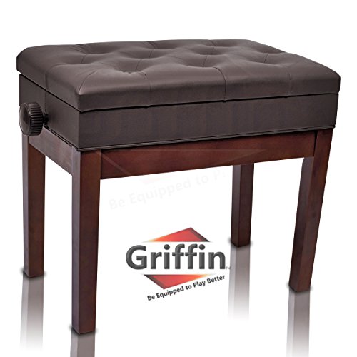 Adjustable Piano Brown Leather Bench by Griffin | Vintage Stylish Design, Heavy-Duty & Ergonomic Keyboard Stool | Comfortable Seat & Convenient Hidden Storage Space Perfect For Home & Professional Use