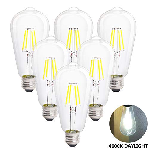 LED Edison Vintage Light Bulbs, 4W 4000K Daylight White, Dimmable LED Edison Bulb Antique LED Filament Bulbs, Clear Glass, 40W Equivalent, 380LM, ST64, E26 Base (4W-4000K-6Pack)