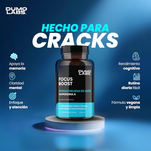 Dumo Focus Boost | Nootrópico Natural con Melena de León, Bacopa, Luteína, L-Tirosina, Pimienta Negra, Huperzina A, Fosfatidilserina | Apoyo a la Memoria, Concentración y Claridad | 60 Cápsulas Veganas sin Gluten | Formula Premium para 1 mes de Consumo.