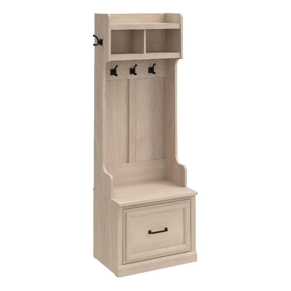 Photo 1 of Bush Furniture Woodland 24W Hall Tree and Small Shoe Bench with Drawer in White Washed Maple | Narrow Foyer, Mudroom, Entryway Storage