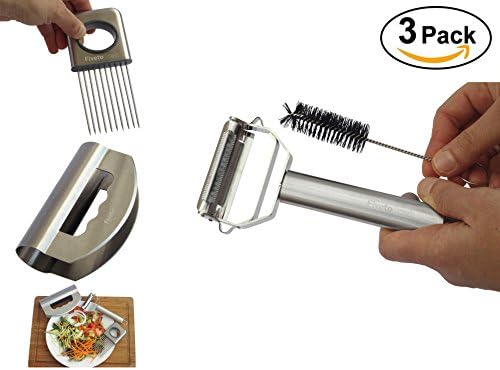 Julienne Peeler, Mezzaluna chopper and fruits and vegetables Holder by FivetoCook. Speed peeler and slicer. Mezzaluna chopper double blade ultra sharpened. Stainless steel