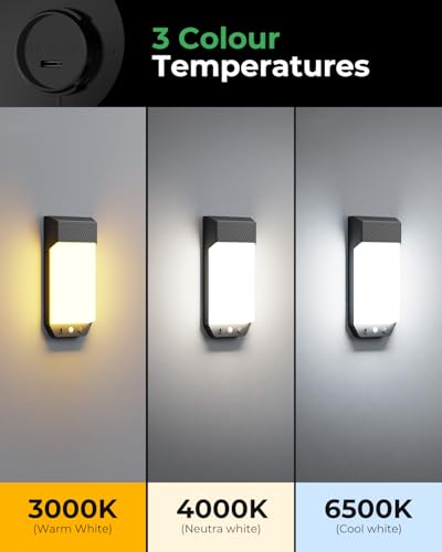 LOTMOS Lampe Solaire Exterieur Detecteur de Mouvement, 3 Couleurs 3000K/4000K/6500K LED Applique Murale Exterieure IP65 Etanche, 16W 1600LM Éclairage Extérieur pour Terrasse Entrée Jardin, Noir