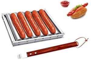 i Kito Charcoal Stainless Steel Hot Dog Sausage Roller Rack Steamer with Extra Long Wood Handle New BBQ Tools 5 Section Brat 