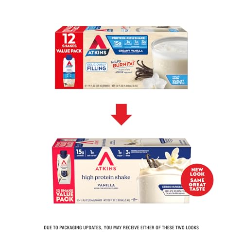 ATKINS VANILLA HIGH PROTEIN SHAKE, 15G PROTEIN, LOW GLYCEMIC, LOW CARB AND LOW SUGAR PROTEIN SHAKES, KETO FRIENDLY READY TO DRINK SHAKES, 12 VANILLA FLAVORED PROTEIN SHAKES