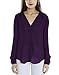 Womens V Neck Long Sleeve Ruffled Shoulder Solid Chiffon Blouse (X-Large, Purple)