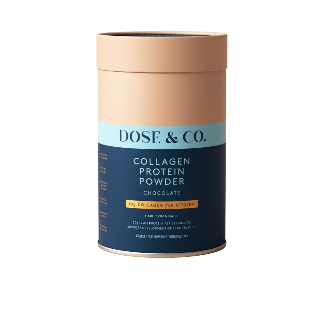 Dose & Co Collagen Protein Powder - Chocolate, 420g | Hydrolysed Type I & III Collagen Peptides with 20g Whey Protein per Serving | Gluten Free, Non-GMO | Hair, Skin, Nails & Muscle Support
