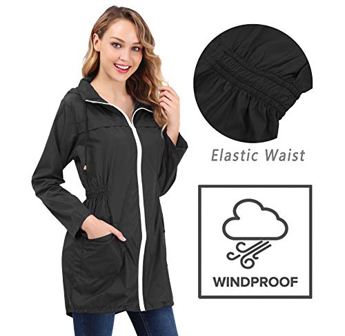 FISOUL Women's Lightweight Waterproof Raincoat Active Outdoor Hooded Rain Jacket Windbreaker （Black, Small - Thumbnail 2