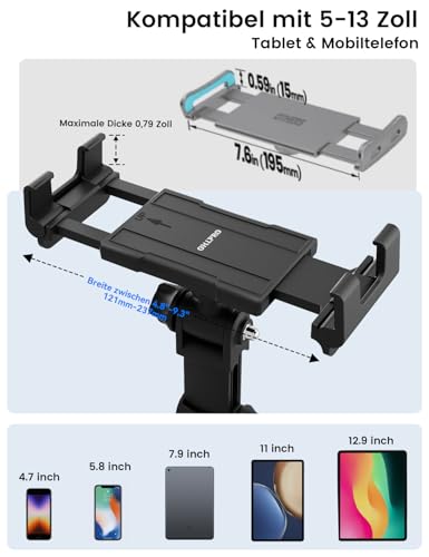 OHLPRO Tablet Holder Car, 360° Rotation Tablet Mounts, 18 cm, Extendable Arm + Washable Suction Cup, iPad Car Mount Clamp, Universal Windscreen and Dashboard for 4.7-13 Inch iPad Smartphone