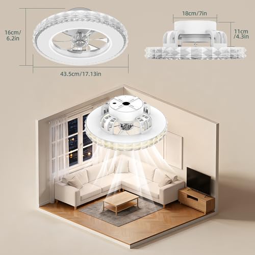 Ateroll Crystal Ceiling Fan with Light Ø43.5 cm, 3000K-4000K-6500K+RGB, 6 Adjustable Ventilation Speeds with Remote Control, Timer, Memory Light, Reversible Fan