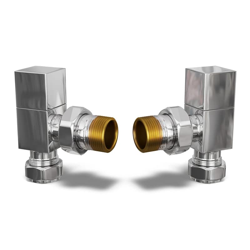 UK Radiators Square Chrome Radiator Valve Pair - Chrome Polished Finish - Classy and Modern Design 1/2" x 15mm Angled Radiator Valve Pair - Pair of Valves