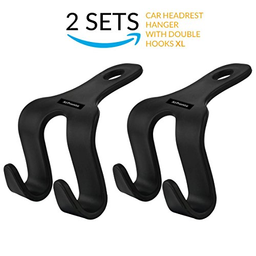 2 Sets Car SUV Headrest Hanger With Double Hooks XL For Back Seat - Great Hanger For Purse, Grocery Bags And Clothes - Convenient Universal Vehicle Storage Organizer – Max. Load 16 Lbs (Black)