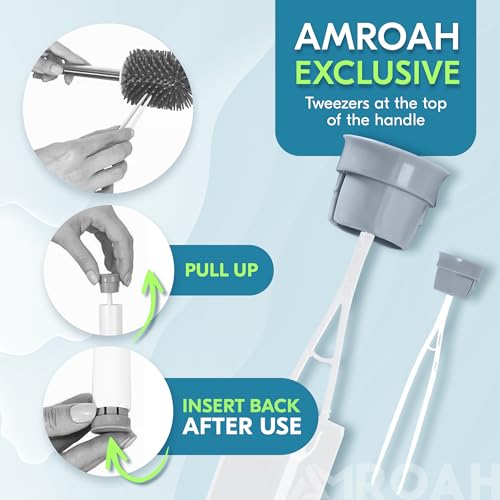 AMROAH Silicone Toilet Brush and Holder Set with Long Handle for Bathroom, Compact Cleaner Brush Toliet Bowl Floor Standing Plastic for Deep Cleaning Scrubber Under Rim