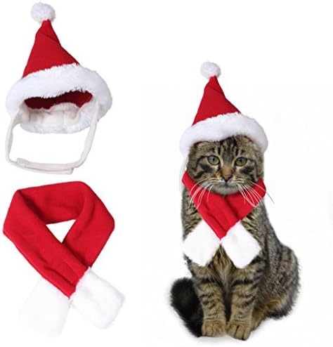 edealing Cute Santa Hat & Scarf Xmas Costume Suit Dress Up for Pet Dog Cats Fashion Christmas Accessory, Red