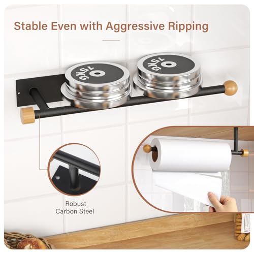 Zivacate Kitchen Roll Holder without Drilling, [Wooden Aesthetic Accents] Kitchen Wall Paper Roll Holder, Kitchen Paper Roll Holder, Wall Roll Holder (Matte Black)