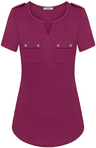 Hellmei Women's Notch-V Neck Short Sleeve Pocket Front Casual Shirt Blouse Tops
