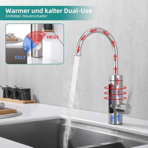 HOMELODY Electric Tap with Instantaneous Water Heater 230 V Kitchen LED Electric Kitchen Tap Stainless Steel 360° Swivel Hot Water Boiler Kitchen Tap Camping Tap