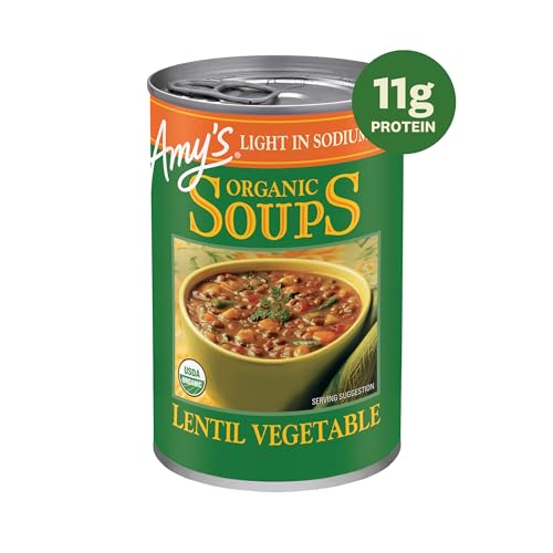AMY’S SOUP, VEGAN LIGHT IN SODIUM LENTIL VEGETABLE SOUP, GLUTEN FREE, MADE WITH ORGANIC VEGETABLES, CANNED SOUP, 14.5 OZ (6 PACK)