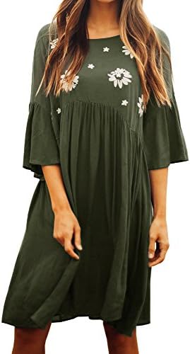 Faisean Women Embroidered Floral Bohemian 3/4 Bell Sleeve Vintage Mexican Casual Swing Tunic Midi Dress