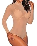 Sexy Womens Black Mesh Unlined Mock Neck Corset Bodysuit (Large, Nude)