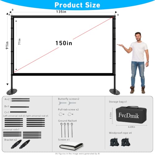 150 inch Projector Screen with Stand, 16:9 4K HD Portable Outdoor Movie Screen, Wrinkle-Free Foldable Indoor Projection Screen with Carry Bag & Ground Nails for Backyard Cinema Home Theater
